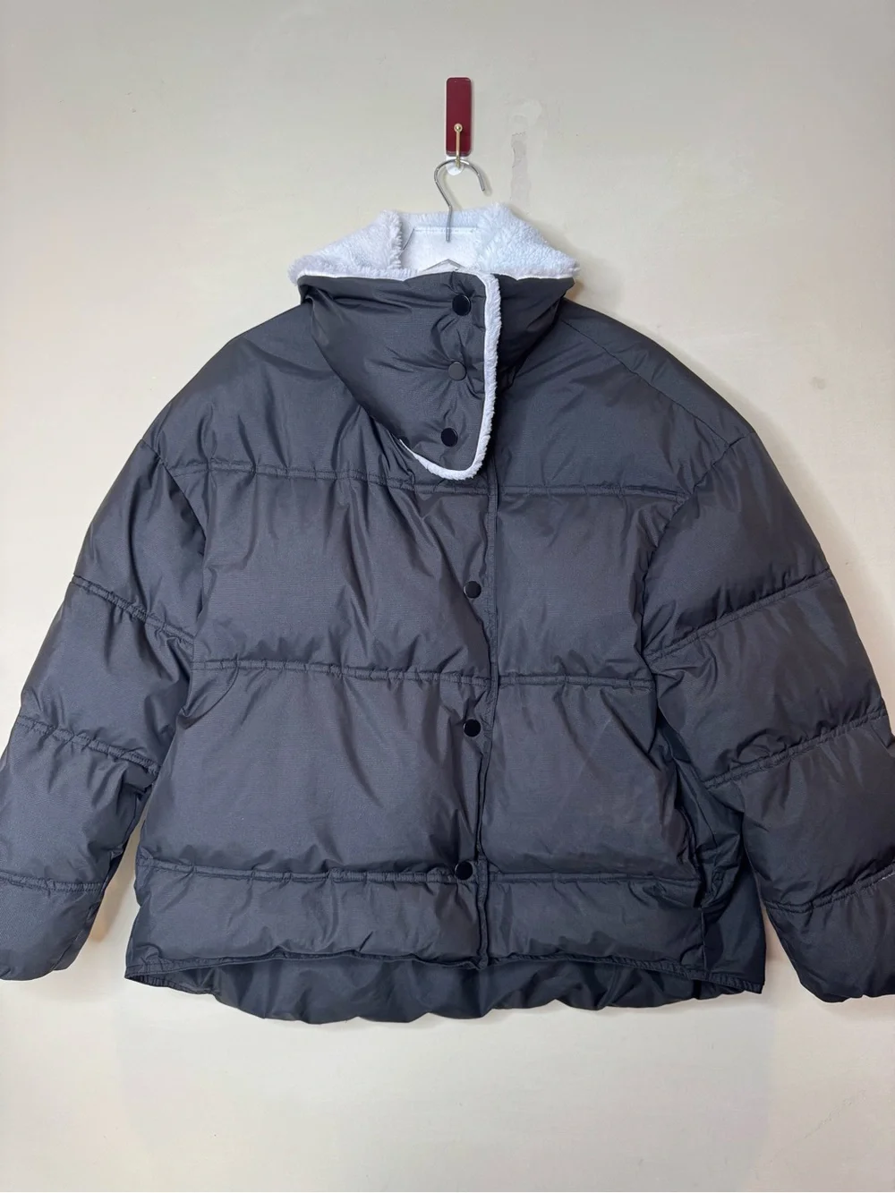 Line & Dot Oversized Puffer Jacket Large Black Sherpa Collar Cropped Coat